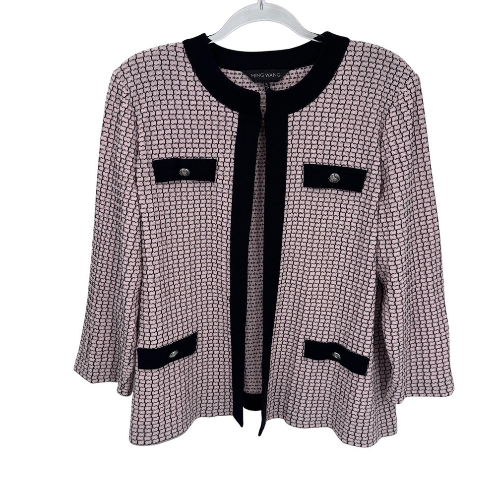 Ming Wang Coquette Blazer Cardigan Womens XL Pink Black Acrylic Tweed Buttons
